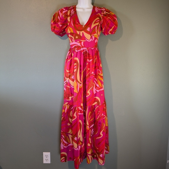 1. State Dresses & Skirts - Pink Printed Puff Sleeve Maxi Dress V-neck Empire waist full Skirt NWT Size XS